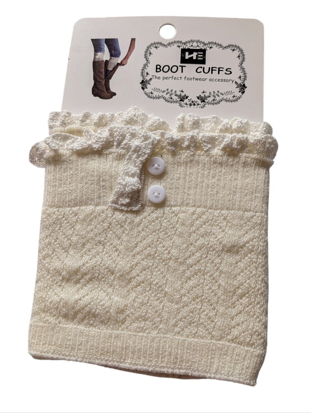 Cream Boot Cuffs with Lace Trim Knit Button Accent One Size